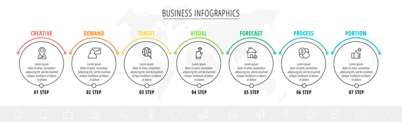Business vector infographics with 7 line circles. Timeline visualization with seven steps for diagram, flowchart, banner, presentations, web, content, levels, chart, graphic