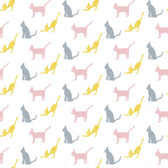 Seamless pattern with yellow, light blue, pink cat stretching, standing, sitting. Flat scandinavian design for card, cover, textile, wallpaper, wrapper, package, print, stationery. Pattern of cats