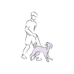 Vector illustration Young man walking with his dog