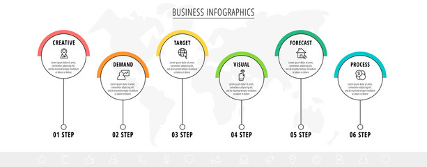 Naklejka premium Business vector infographics with 6 line circles. Timeline visualization with six steps for diagram, flowchart, banner, presentations, web, content, levels, chart, graphic