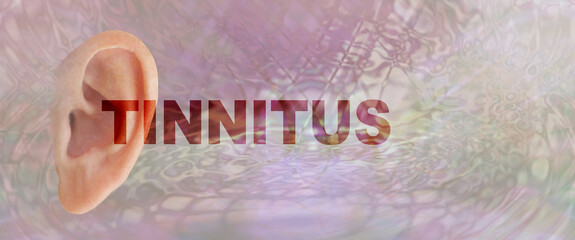 Tinnitus awareness message banner - human ear on left side with the word TINNITUS coming out...