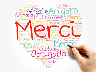 Merci (Thank You in French) love heart word cloud in different languages