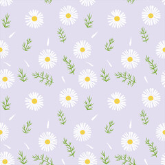 Vector seamless pattern with chamomile and green leaves. Doodle flat style infinite background for wrapping paper, package, cover, textile, print, stationery. Floral pattern for spring time.
