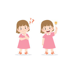 The girl was confused, wondered, had a problem, and tried to answer and The girl figured out the answer to the problem. illustration cartoon character vector design on white background.