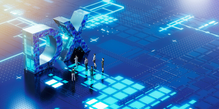 DXに向き合うビジネスマンの3Dレンダリンググラフィックス / デジタルトランスフォーメーション・ITとビッグデータ・未来志向のイノベーションのコンセプトイメージ