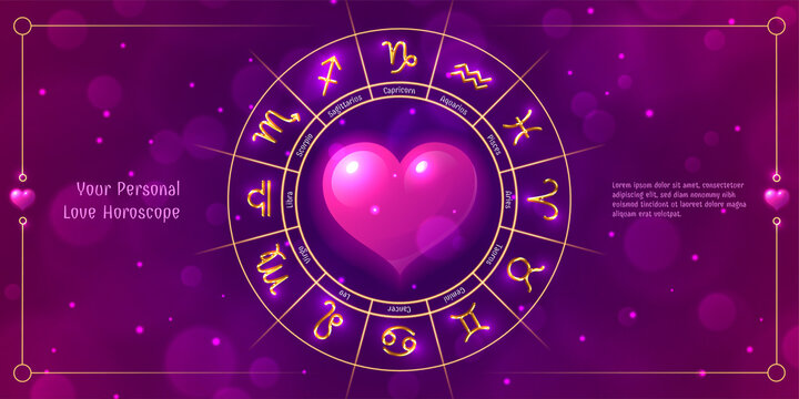 Your personal love horoscope zodiac signs in wheel. Astrology prediction banner, card with glowing astrological symbols and pink heart inside on pink background vector illustration