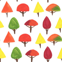 Different colorful gouache trees on white background