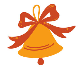Golden bell with red ribbon. Christmas symbol, school bell concept. Icon for web and mobile application. Vector illustration on a white background.