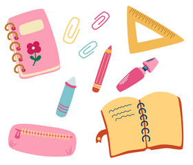 School supplies and items. Office supplies: notepad, book, pencil, case, pencil, paper, clips, ruler, marker, chalk. Accessories for the workspace for education. Back to school. Vector illustration