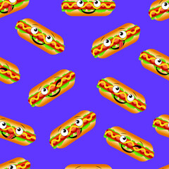 Vector Seamless Pattern, Hot Dogs with Funny Faces on Bright Purple Background, Cartoon Illustration, Background Template.
