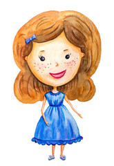 Character girl doll with beautiful hair and in a blue dress and shoes smiles on a white background