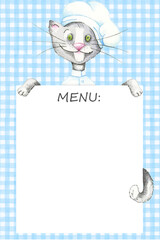 Watercolor template with cat chef for menu, recipes, schedules, diets. Funny cat.