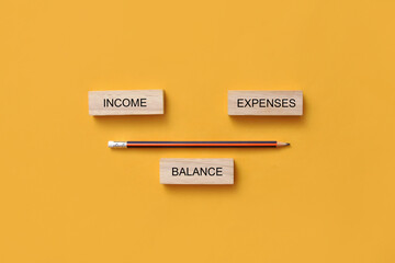 Wooden cubes with inscriptions: expense and income, in the form of scales. A symbol of the balance...