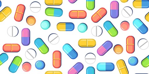 Medicines seamless pattern. Illustration with pills. Concurrency. Medicinal drugs. Pharmaceuticals. Ambulance. Pharmacy. Flat design. Vector
