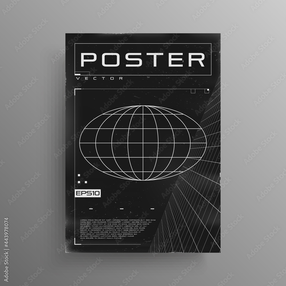 Poster retrofuturistic poster design with ellipse planet and perspective grid. retro cyberpunk poster with 