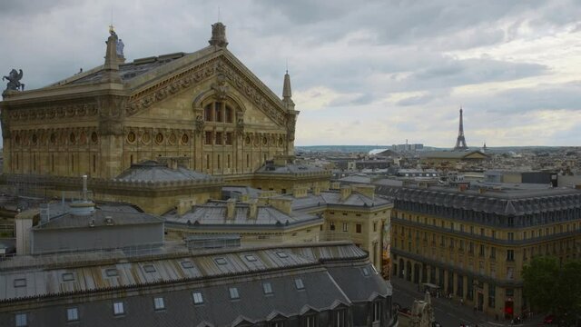 Rear Exterior Of Opera Garnier (Palais Garnier) As Viewed From Galeries Lafayette In Paris, France With Eiffel Tower In Far Distance. aerial
