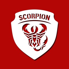 Abstract scorpion on the shield.  Icon, sign or symbol of a security agency, sports team. Template for plotter laser cutting of paper, metal engraving, wood carving, plywood, cnc. Vector image.