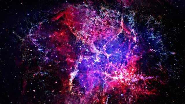 Seamless loop galaxy exploration through star field glowing colorful mystery nebula. 4K animation of flying through glowing pink purple blue nebulae, clouds and stars field. Furnished by NASA image.