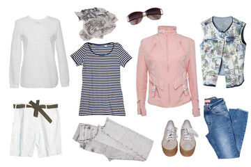 Collage woman clothes. Set of stylish and luxurious trendy women jacket, shorts, a blouse or...