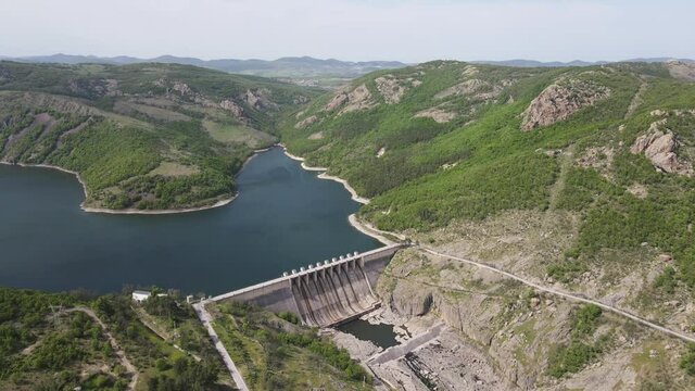 Aerial view of dam of Studen Kladenets Reservoir, Kardzhali Region, Bulgaria