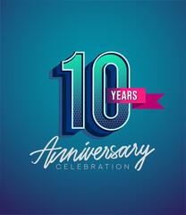 10th Anniversary Logo Design With Ribbon, Elegant Anniversary Logo With Blue Color, Design for banner and invitation card of anniversary celebration.