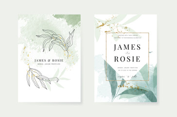 Minimal green tropical Wedding Invitation, floral invite thank you, rsvp modern card Design in  golden line decorative Vector elegant rustic template