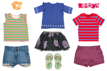 Collage set of little girls summer clothes isolated on a white background. The collection consists...