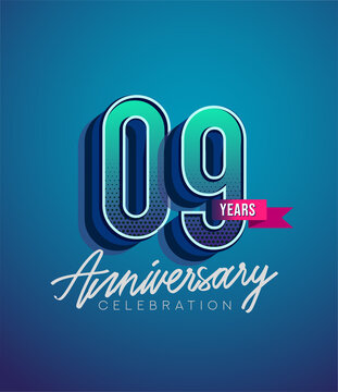9th Anniversary Logo Design With Ribbon, Elegant Anniversary Logo With Blue Color, Design for banner and invitation card of anniversary celebration.