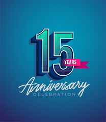 15th Anniversary Logo Design With Ribbon, Elegant Anniversary Logo With Blue Color, Design for banner and invitation card of anniversary celebration.