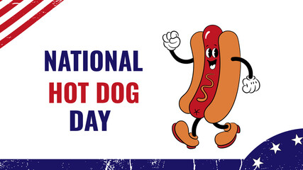 National Hot Dog Day July 21. Cartoon hot dog with mustard, American flag, and lettering. Food concept. Poster, card, banner.
