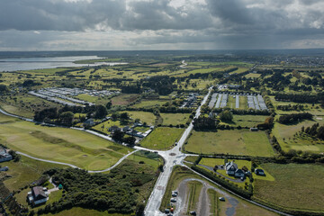 Aerial view over Irish landscape and crossroad at Donabate, Dublin County.
