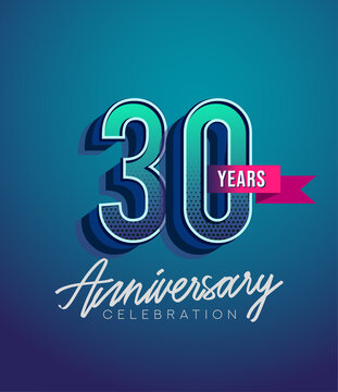 30th Anniversary Logo Design With Ribbon, Elegant Anniversary Logo With Blue Color, Design for banner and invitation card of anniversary celebration.