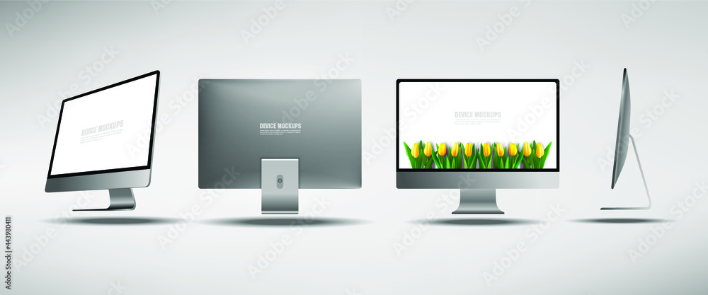 Poster realistic personal computer from different angles. 3d projection pc. presentation of a new generatio