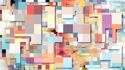Abstract mottled 3d urban backdrop, pixel art technology pattern background. Random colorful mosaic, industrial decor