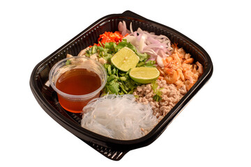 Vermicelli salad, chili, lime, fish sauce, shrimp, pork, onion, coriander, in a black plastic box on a white background.