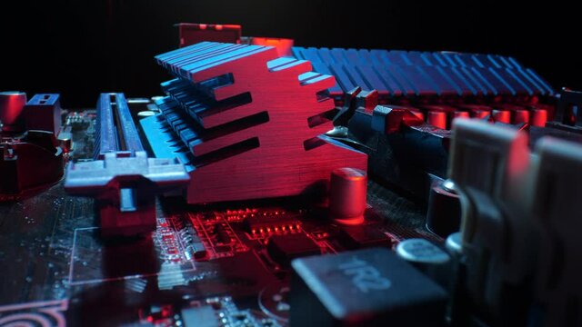 Inside the pc. Close view at computer motherboard, multicolor
