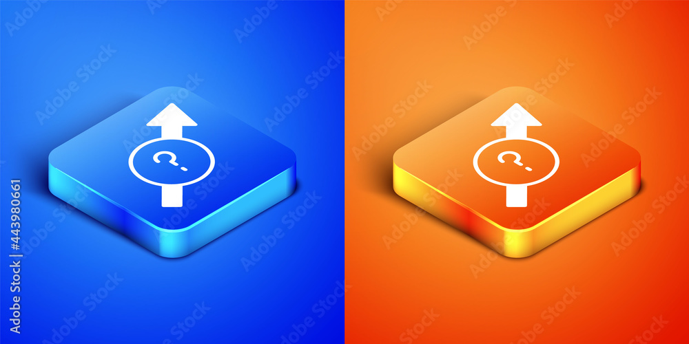 Poster isometric arrow icon isolated on blue and orange background. direction arrowhead symbol. navigation 