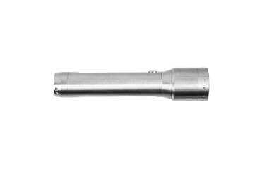 Modern silver metal LED flashlight. Pocket portable rechargeable lighting device. Isolate on a white back