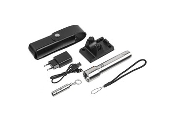 Modern silver metal LED flashlight. Pocket portable rechargeable lighting device. Isolate on a...