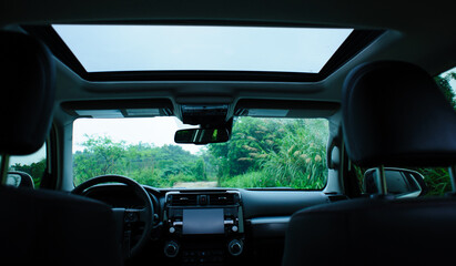 Interior of off road car in the rainy nature