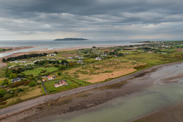 Aerial view over Rogerstown Estuary and Lambay Island on the horizon.