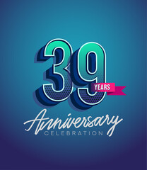 Obraz premium 39th Anniversary Logo Design With Ribbon, Elegant Anniversary Logo With Blue Color, Design for banner and invitation card of anniversary celebration.