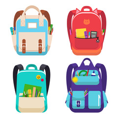 Set of four Colored school backpack. Backpacks with study supplies - pens, rulers, brushes, markers, etc. Education and study, back to school. Vector illustration. 