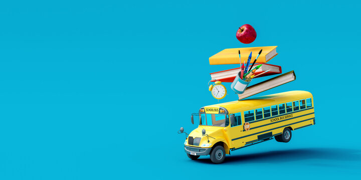 School bus with school accessories and books on blue background 3D Rendering, 3D Illustration
