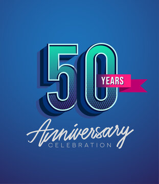 50th Anniversary Logo Design With Ribbon, Elegant Anniversary Logo With Blue Color, Design for banner and invitation card of anniversary celebration.