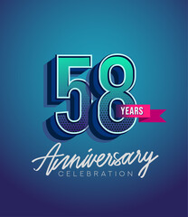 Fototapeta na wymiar 58th Anniversary Logo Design With Ribbon, Elegant Anniversary Logo With Blue Color, Design for banner and invitation card of anniversary celebration.