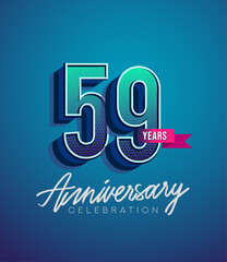 59th Anniversary Logo Design With Ribbon, Elegant Anniversary Logo With Blue Color, Design for banner and invitation card of anniversary celebration.