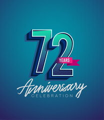 72nd Anniversary Logo Design With Ribbon, Elegant Anniversary Logo With Blue Color, Design for banner and invitation card of anniversary celebration.