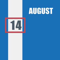 august 14. 14th day of month, calendar date.Blue background with white stripe and red number slider. Concept of day of year, time planner, summer month