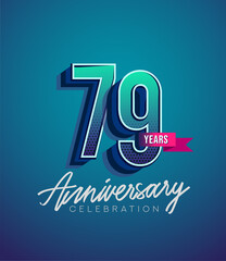 79th Anniversary Logo Design With Ribbon, Elegant Anniversary Logo With Blue Color, Design for banner and invitation card of anniversary celebration.